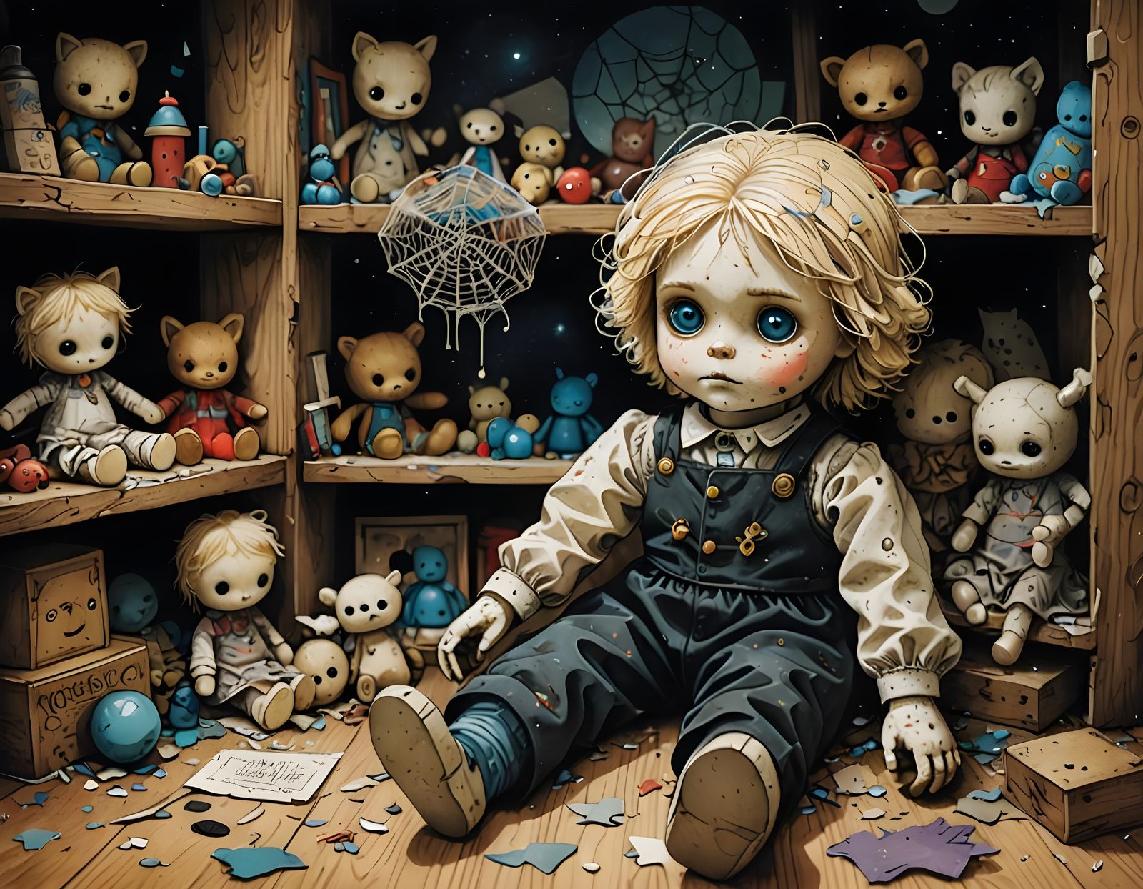 Cracked Rag Doll on Shelf: Vintage Fairytale Art