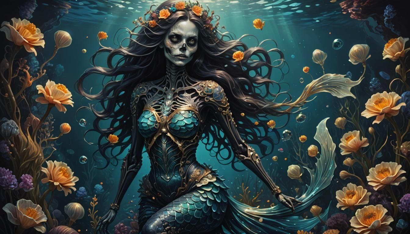 Dark Skeleton Mermaid in Deep Sea