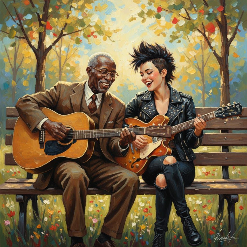 Expressionist Oil Painting of Musicians on Park Bench