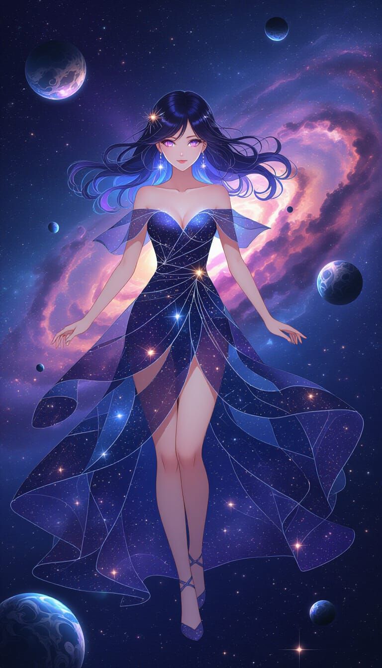 Anime Goddess in Cosmic Galaxy Dress
