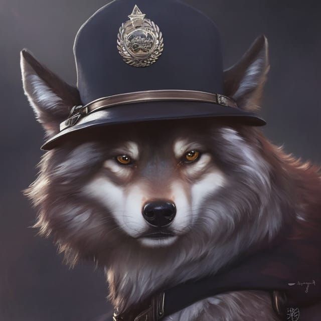 Wolf with Police Hat in Oil Painting Style
