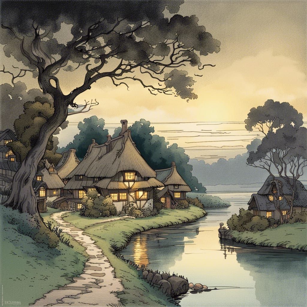 Enchanted Village in Fairy Forest at Nightfall