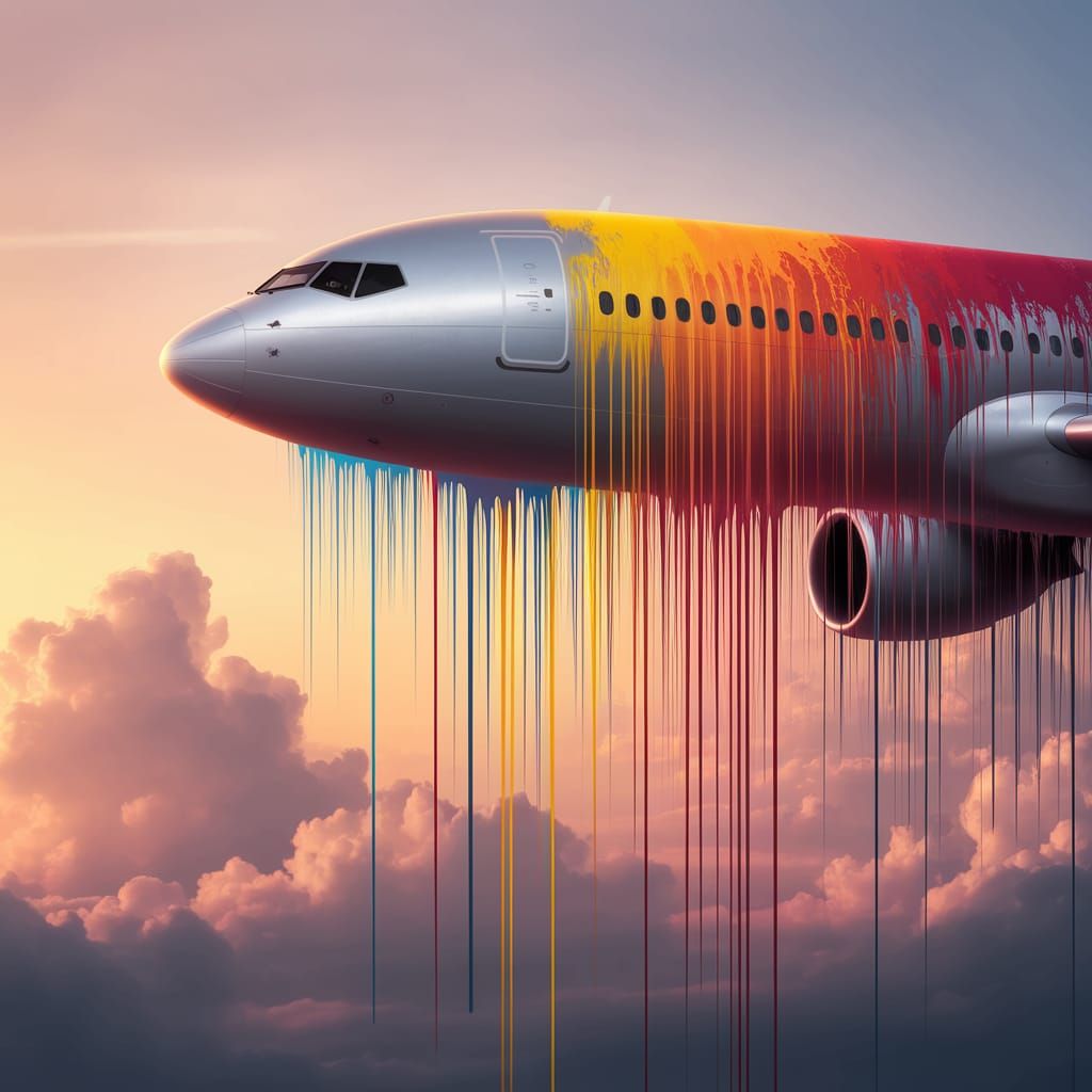 Sleek Airplane Illuminated by Dripping Colors in Sunset Sky