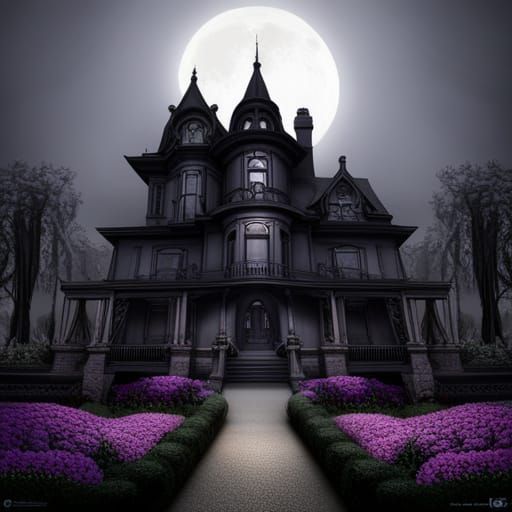 hyperreal detailed dark Victorian  haunted house, pitched roof, large porch, flower garden, moonlit path