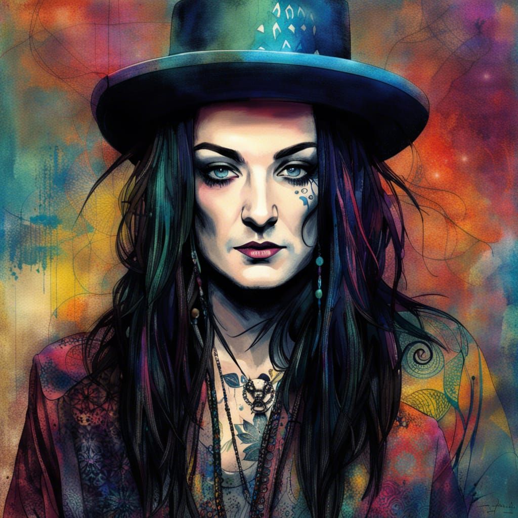 Colorful Ink Portrait of Singer in 80s Fashion