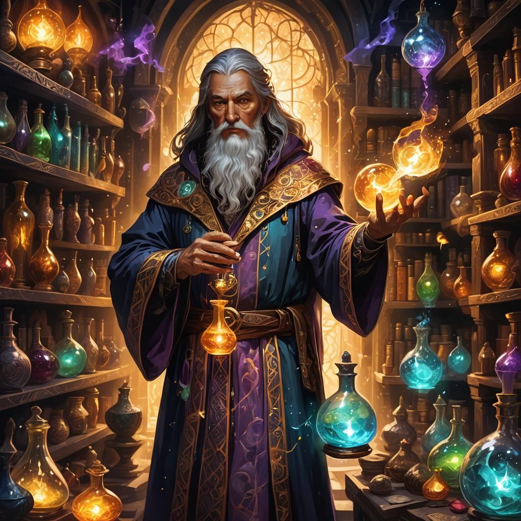 Wizard with Glowing Potion in Fantasy Art Style