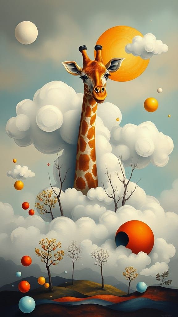 Surreal Giraffe in Dreamlike, Geometric Landscape