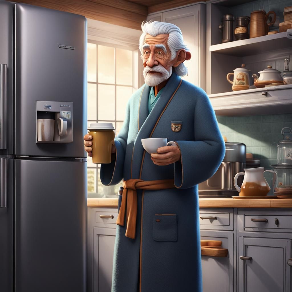 Caricature of Old Man with Coffee in Kitchen