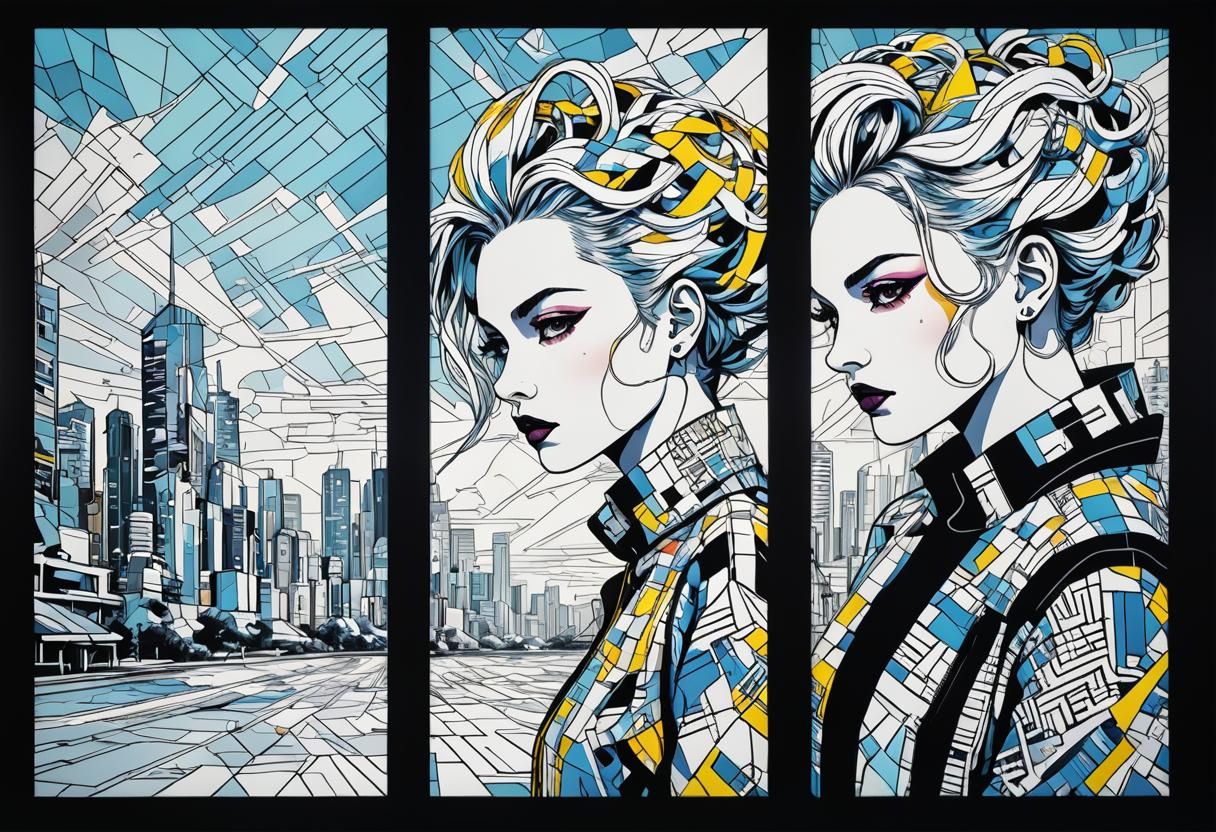 Futuristic Woman in Cityscape: Pop Art Digital Illustration