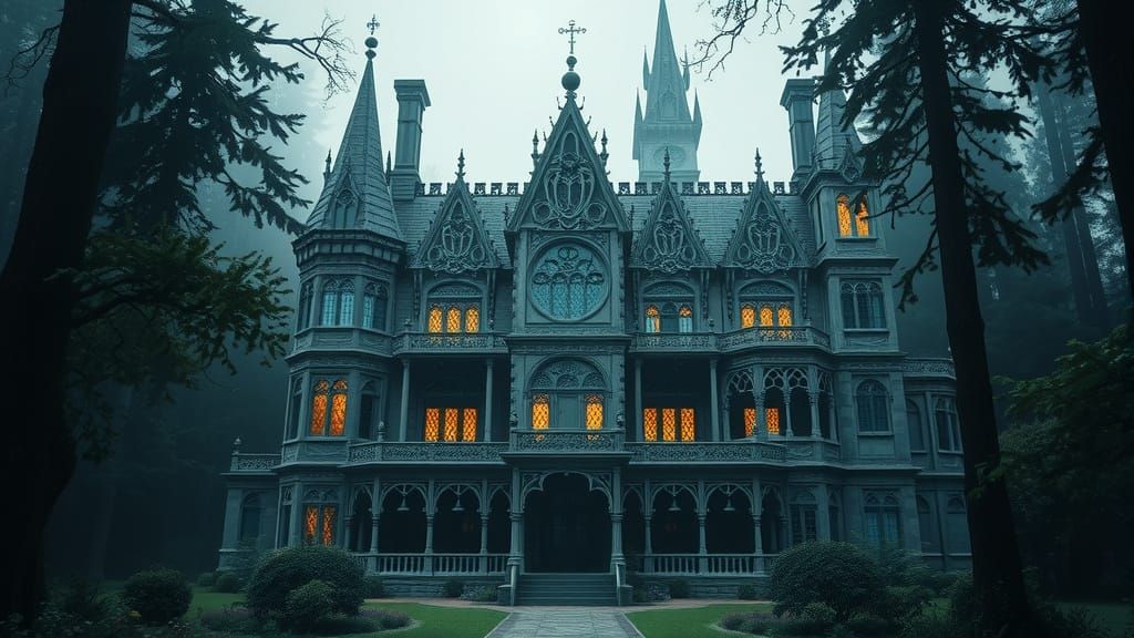 Majestic Gothic Manor in Misty Forest