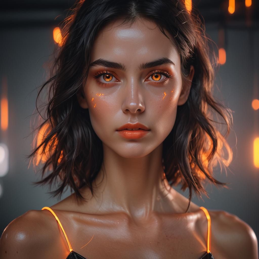 Dark-Haired Woman with Neon Reflections: Fashion Editorial