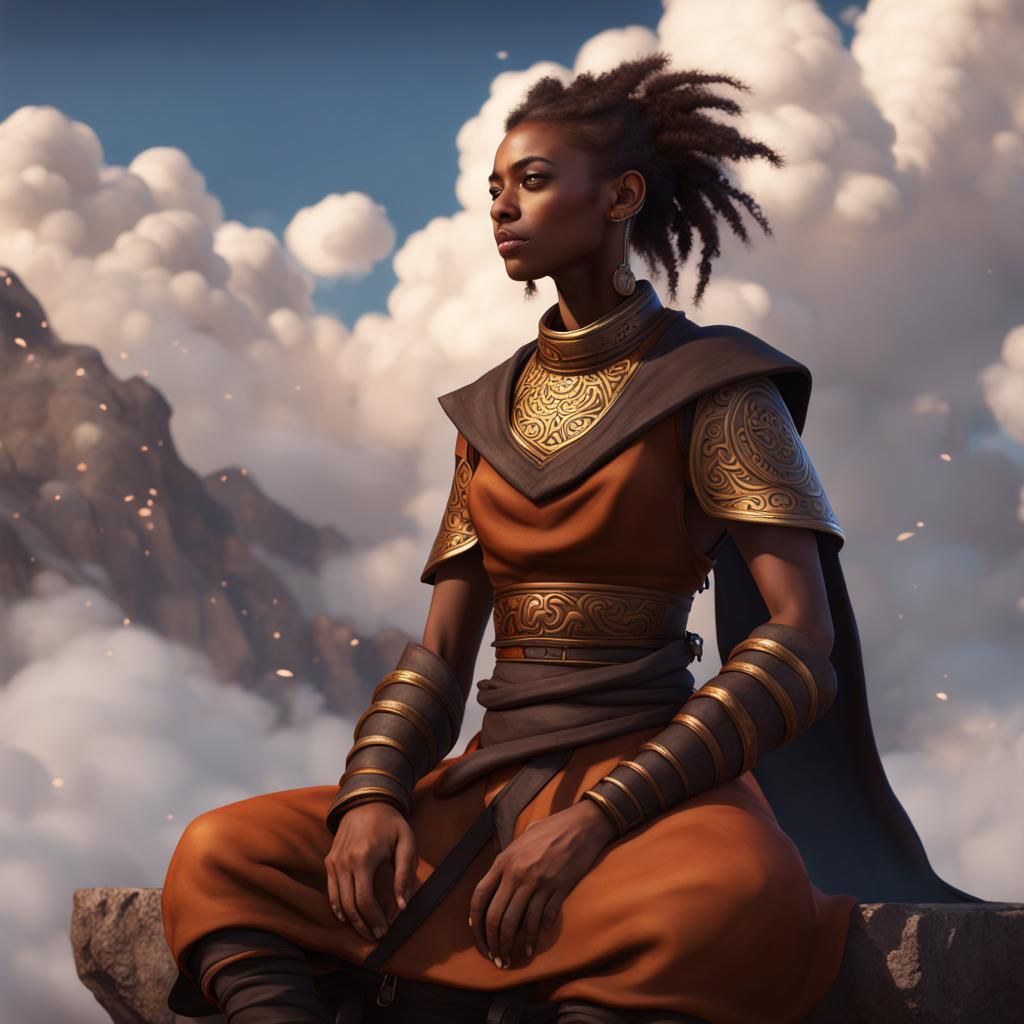 D&D Monk Girl with Cloud Hair in Matte Painting