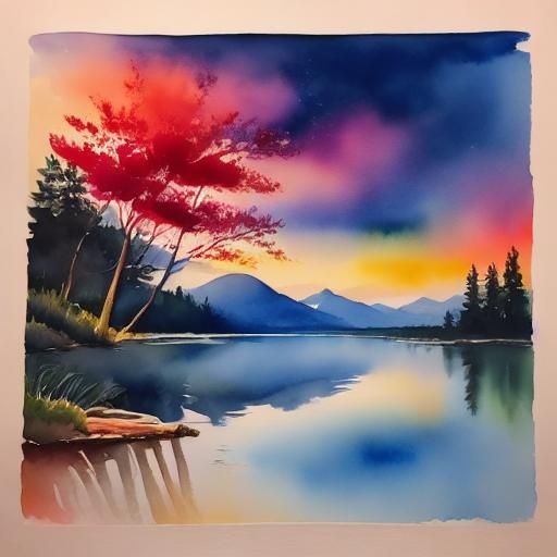 Golden Sunset Over Tranquil Waters in Watercolor Style