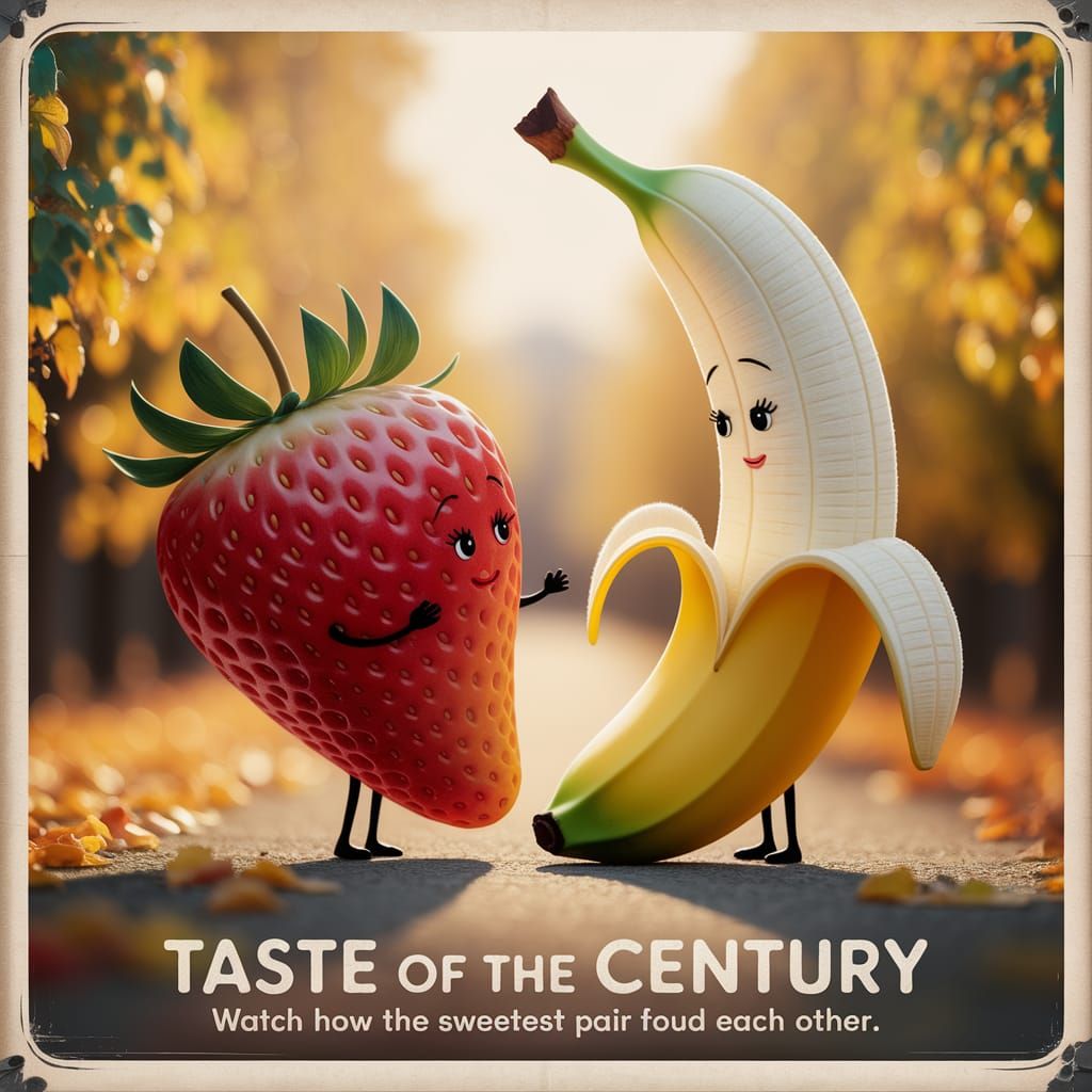 Vintage Poster: Anthropomorphic Strawberry Meets Banana