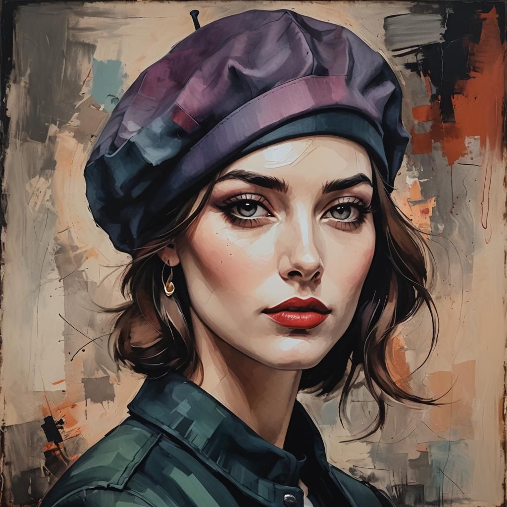 Young Woman in Beret, Abstract Art Portrait