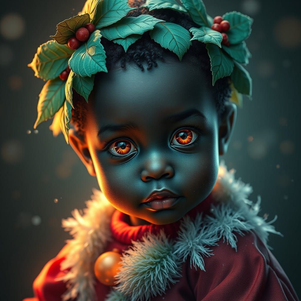 Fantastical Ebony Christmas Baby with Mint Hair & Golden Hal...