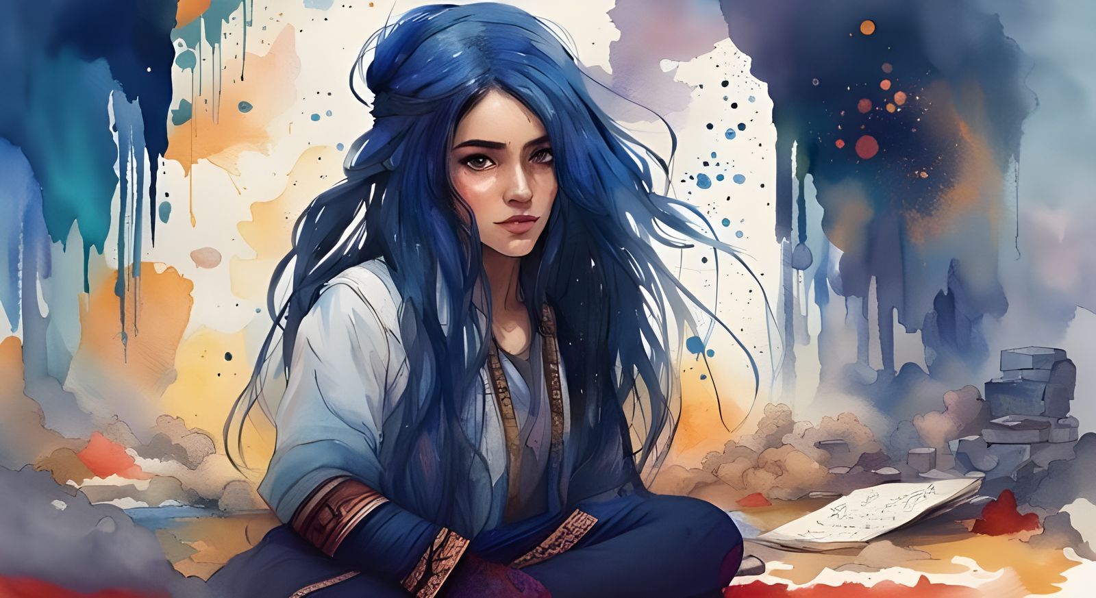 Beautiful Indigo-Haired Girl in Watercolor Calligraphy