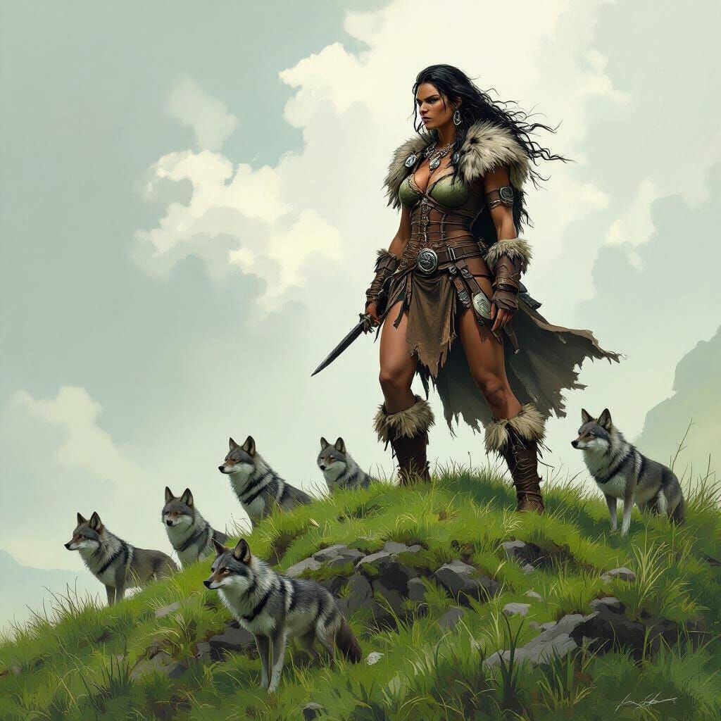 Barbarian Woman and Coyote Pack, Fantasy Illustration