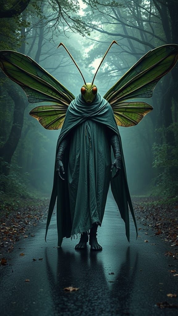 Solemn Grasshopper God Emerges from Forest Depths