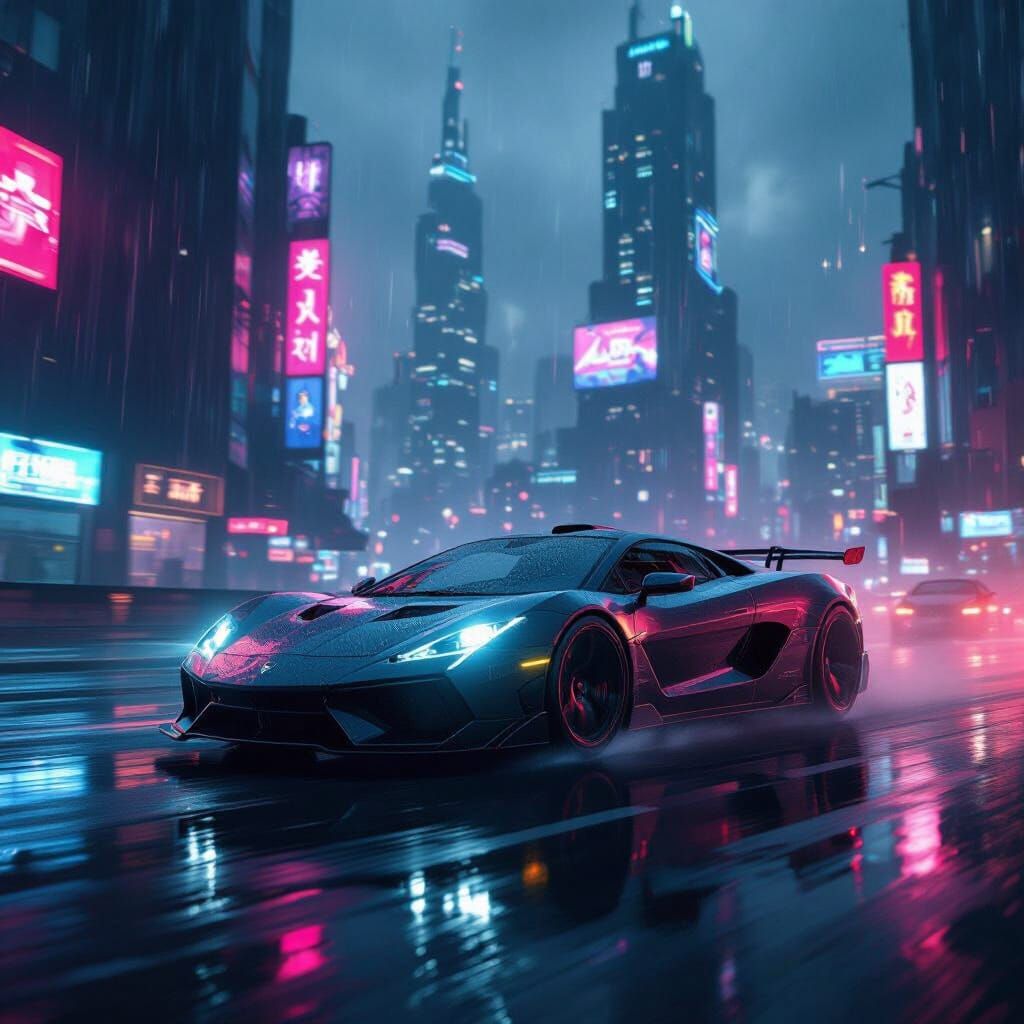 Neon Sports Car Speeds Through Rainy Dystopian Cityscape