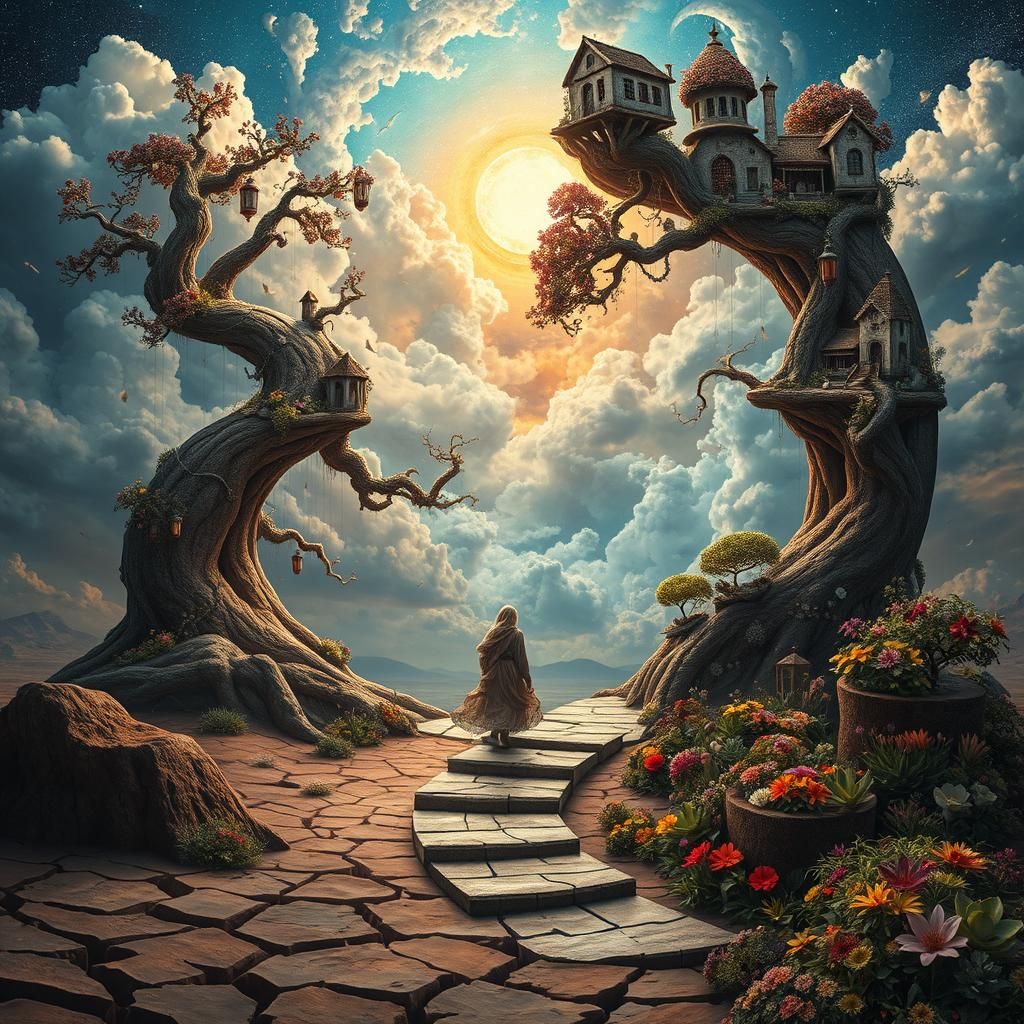 Surreal Stargate Dreamscape with Bonsai and Lanterns