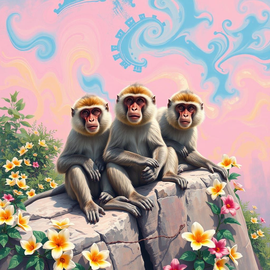 Fantastical Barbary Macaques in Whimsical Gibraltar Landscap...