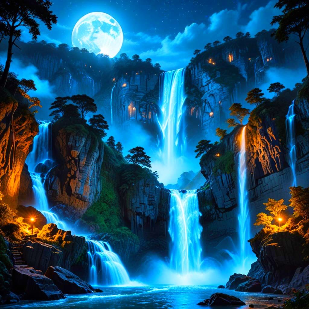 Surreal Waterfall in Ethereal Moonlight