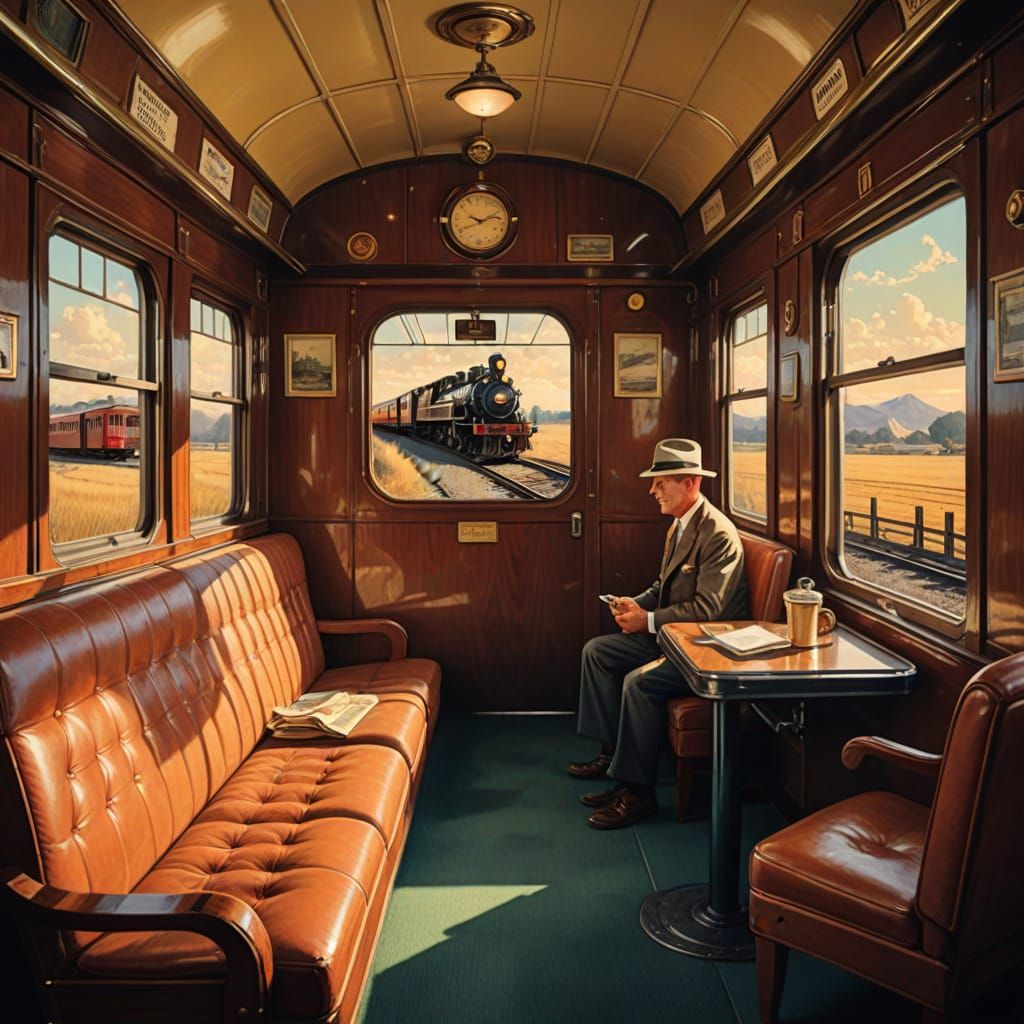 Vintage Traveler in a Nostalgic Train Car at Sunset