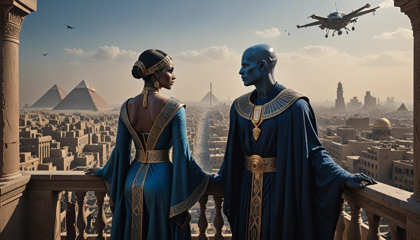 Exotic Blue-Skinned Couple on Balcony Overlooking Sci-Fi Cit...