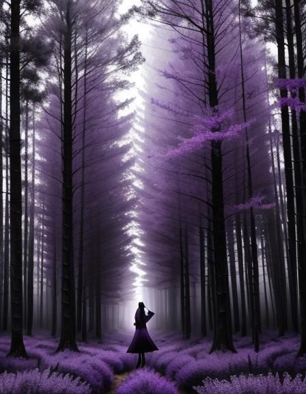 Monochromatic Purple Landscape with Woman in Woods