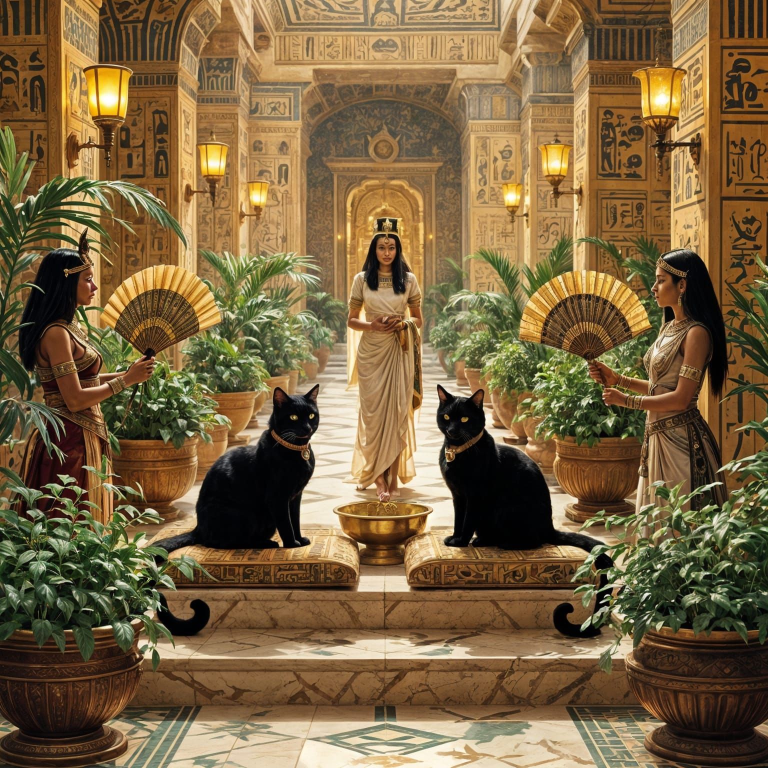Elegant Egyptian Palace Scene with Black Cats