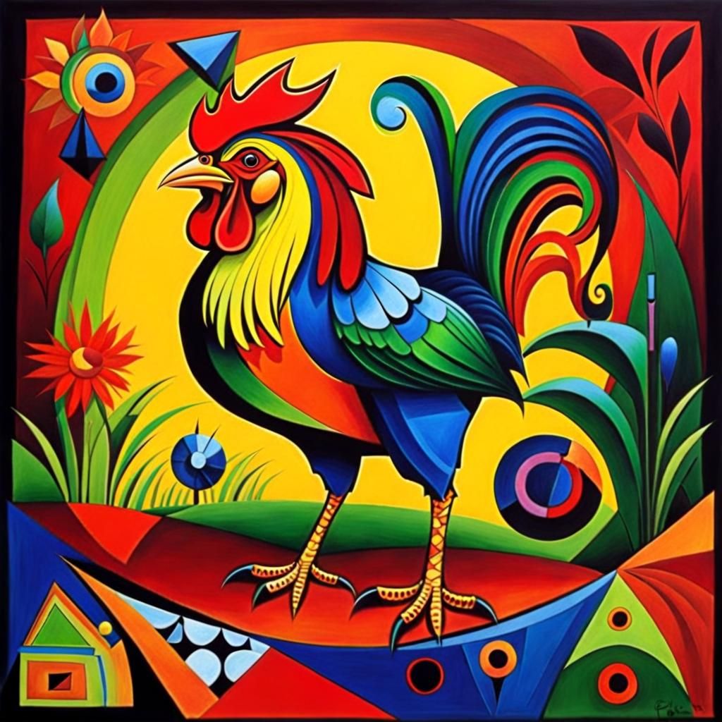 Cubist Rooster in Vibrant Geometric Style