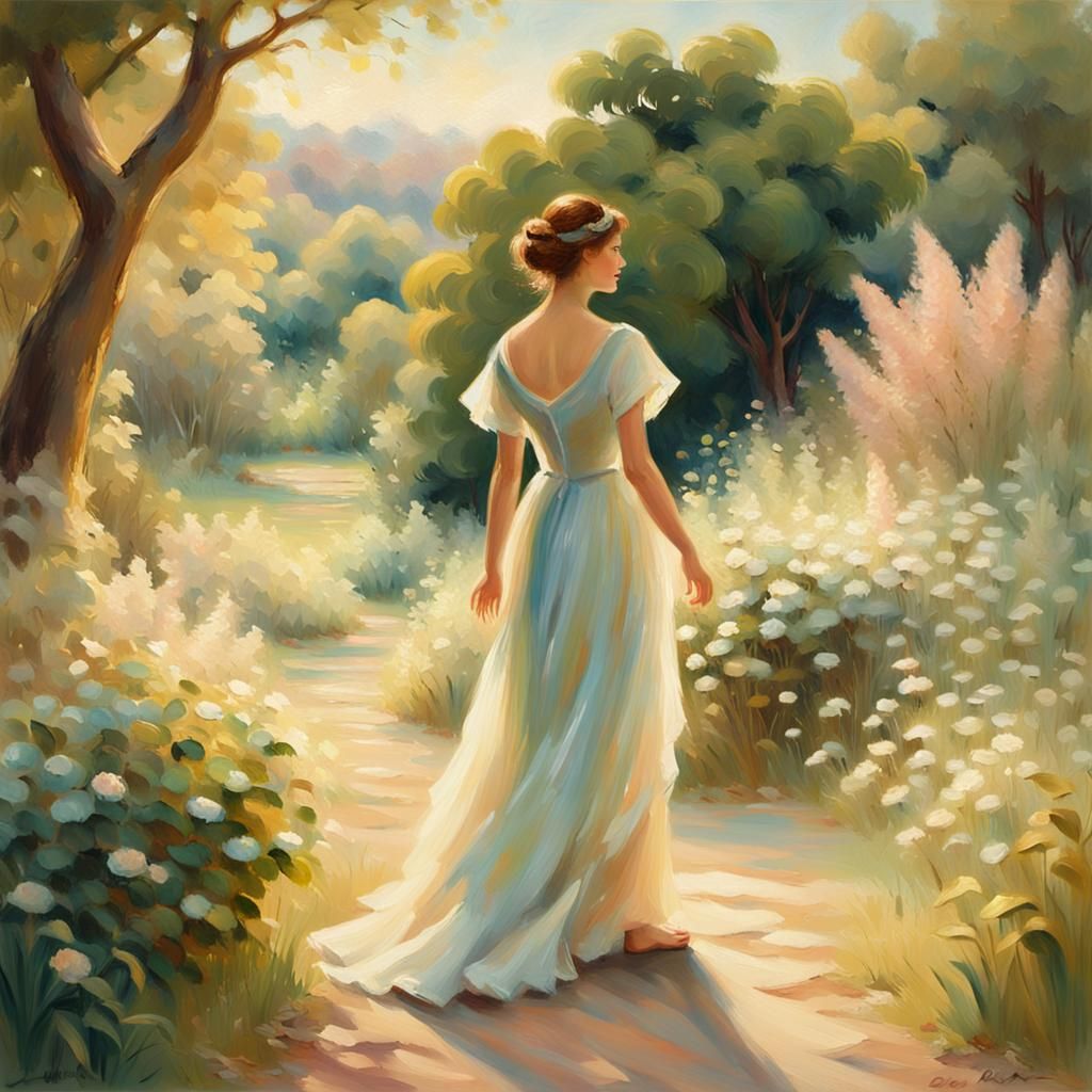 Impressionist Lady in Lush Landscape Painting