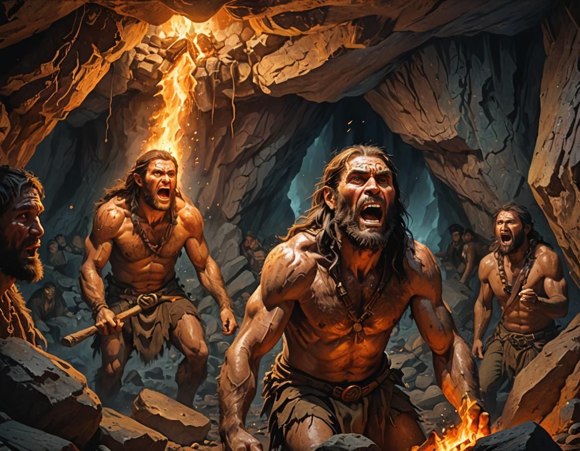 Cro-Magnon Men Discovering Fire in Cave, Hyperrealistic Art