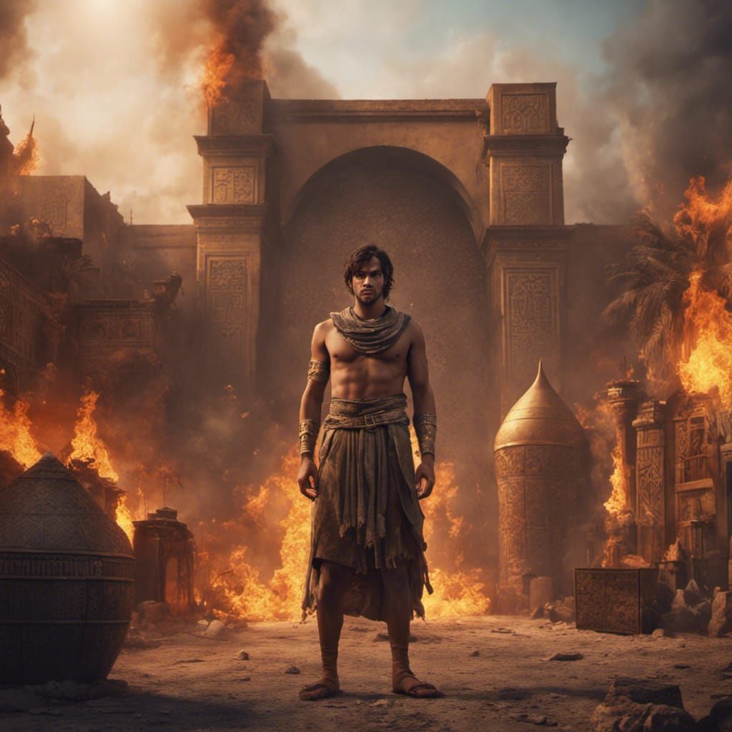 Medieval Egyptian Man in Burning Village