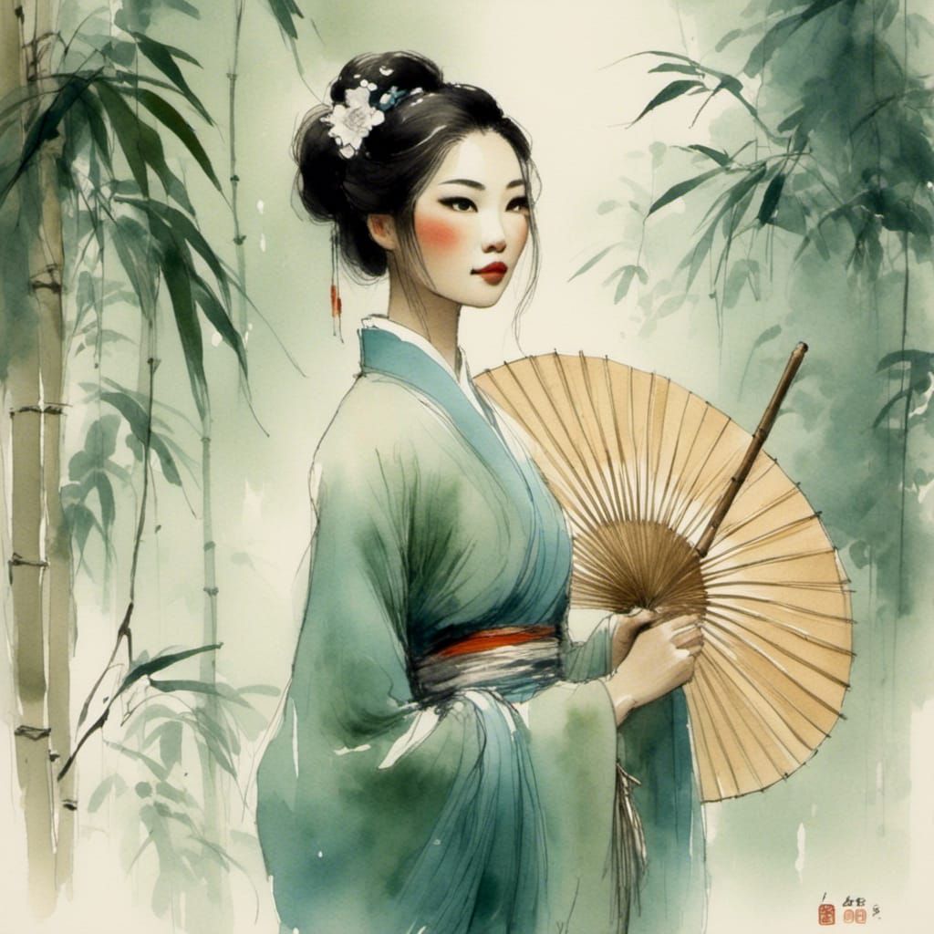 Asian Woman in Bamboo Forest: Chinese Landscape Painting