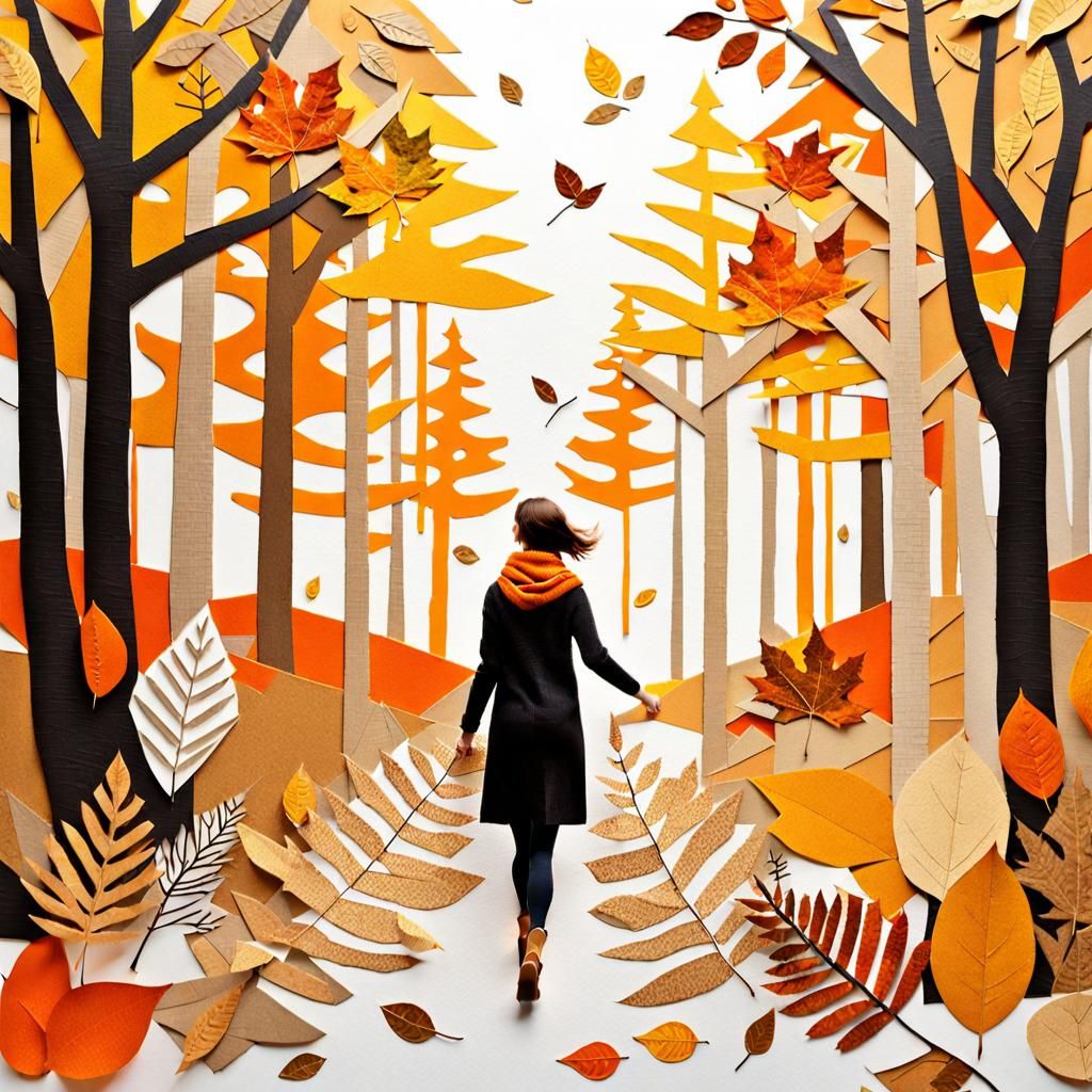 Whimsical Paper Collage of Autumn Forest Walk