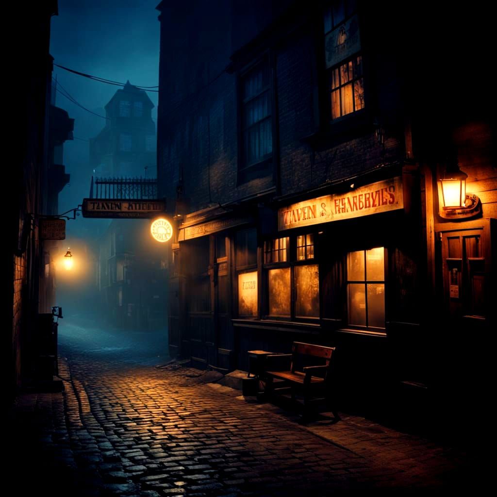 Rustic Tavern at Night: Cinematic Alleyway Scene
