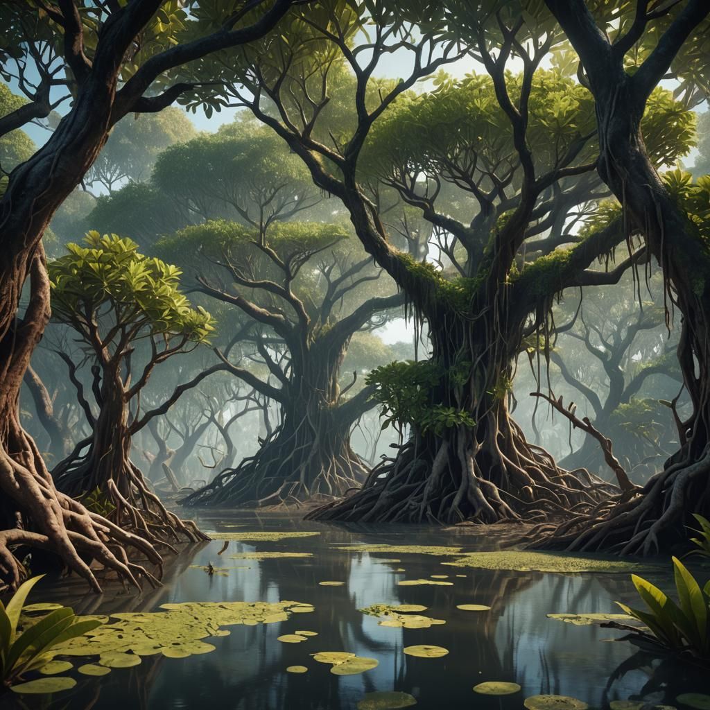 Lush Mangrove with Palétuviers: Detailed Matte Painting
