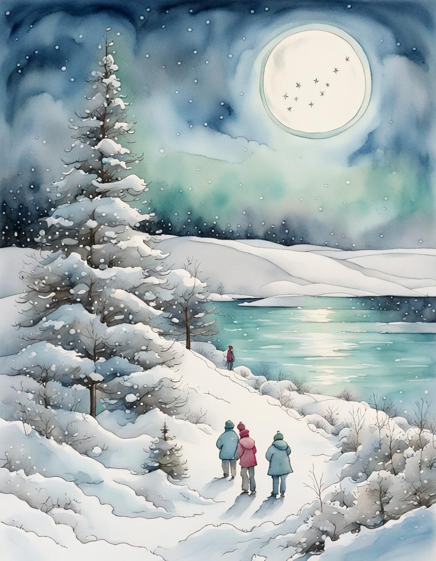 Snowman Building on Lake Michigan: Watercolor Winter Scene