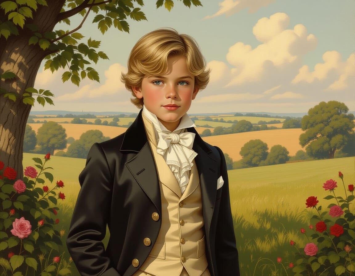Elegant Young Boy in English Countryside, Classic Portraitur...