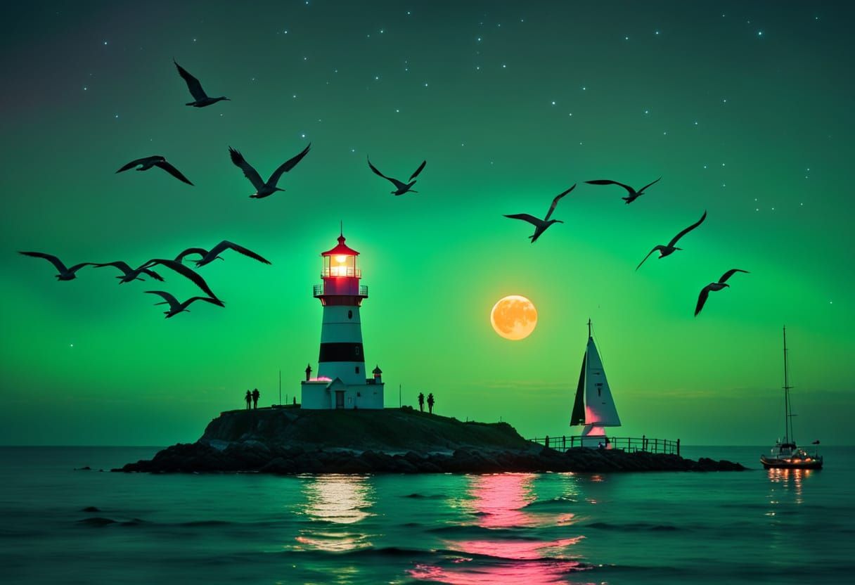 Neon Sunset Over Water with Lighthouse and Sailboats