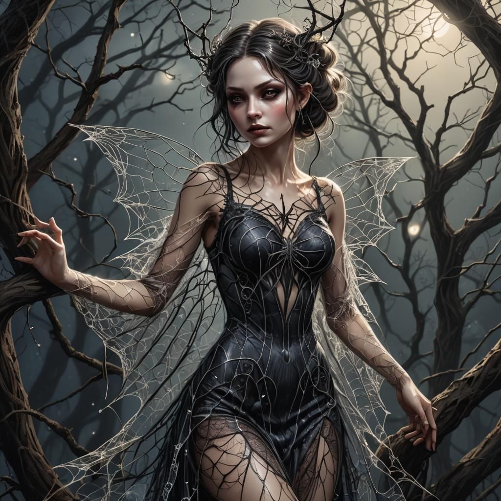 Gothic Fairy in Spiderweb Dress: Dark Fantasy Art