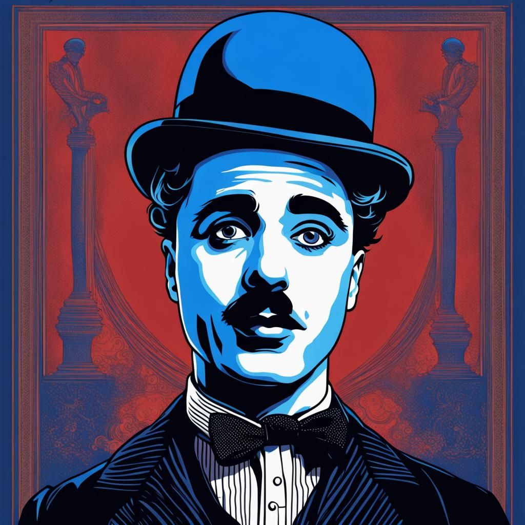 Portrait of Charlie Chaplin , comic movie posters, ink blue draw, duotone, photography by Man Ray