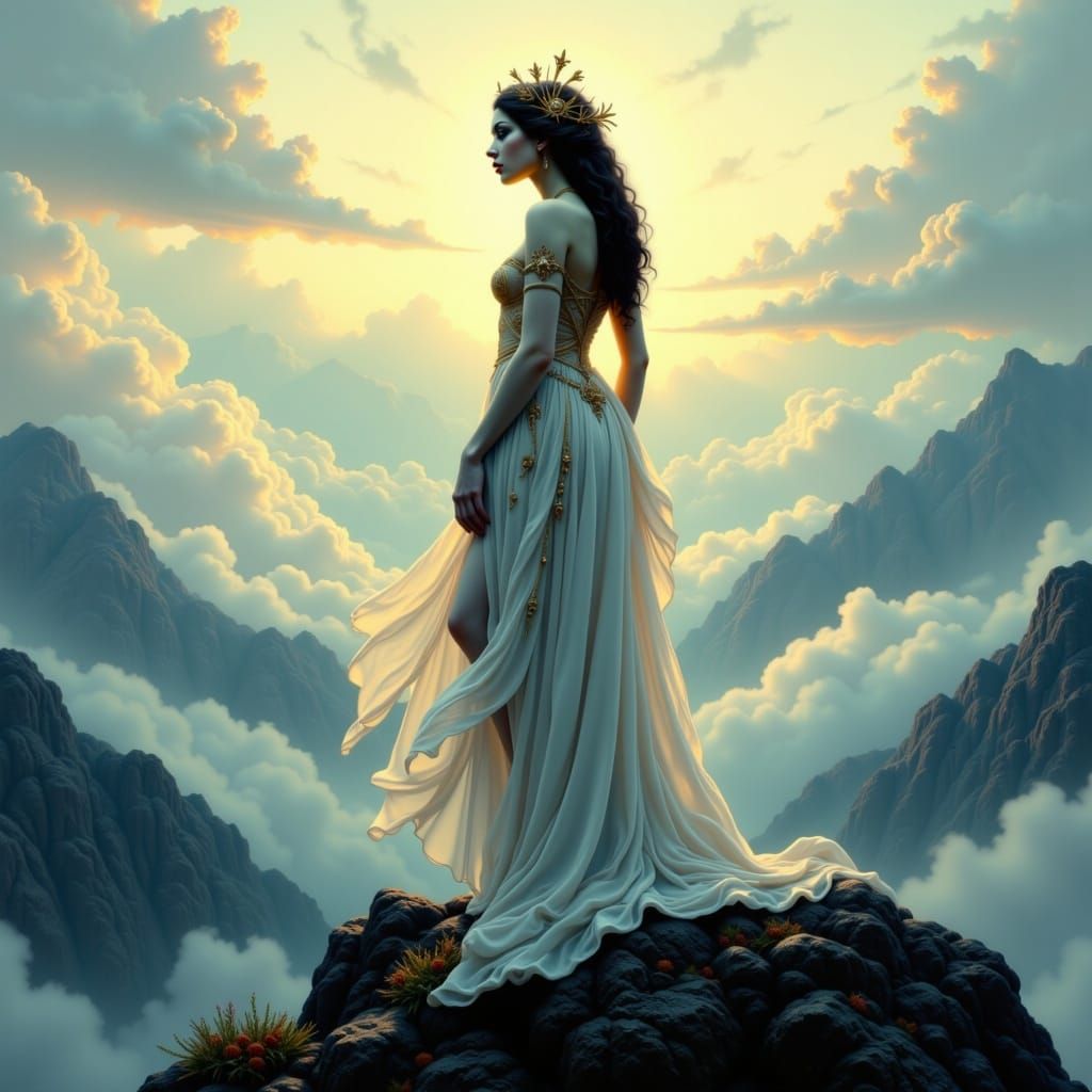 Ethereal Goddess Radiates Silver Flame on Mountain Summit