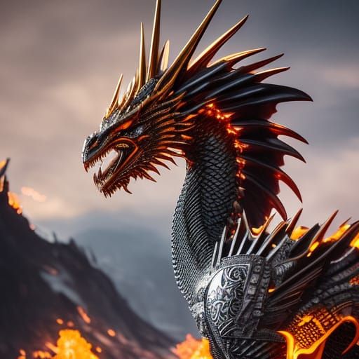 Chrome Dragon Pencil Sketch in Volcanic Landscape