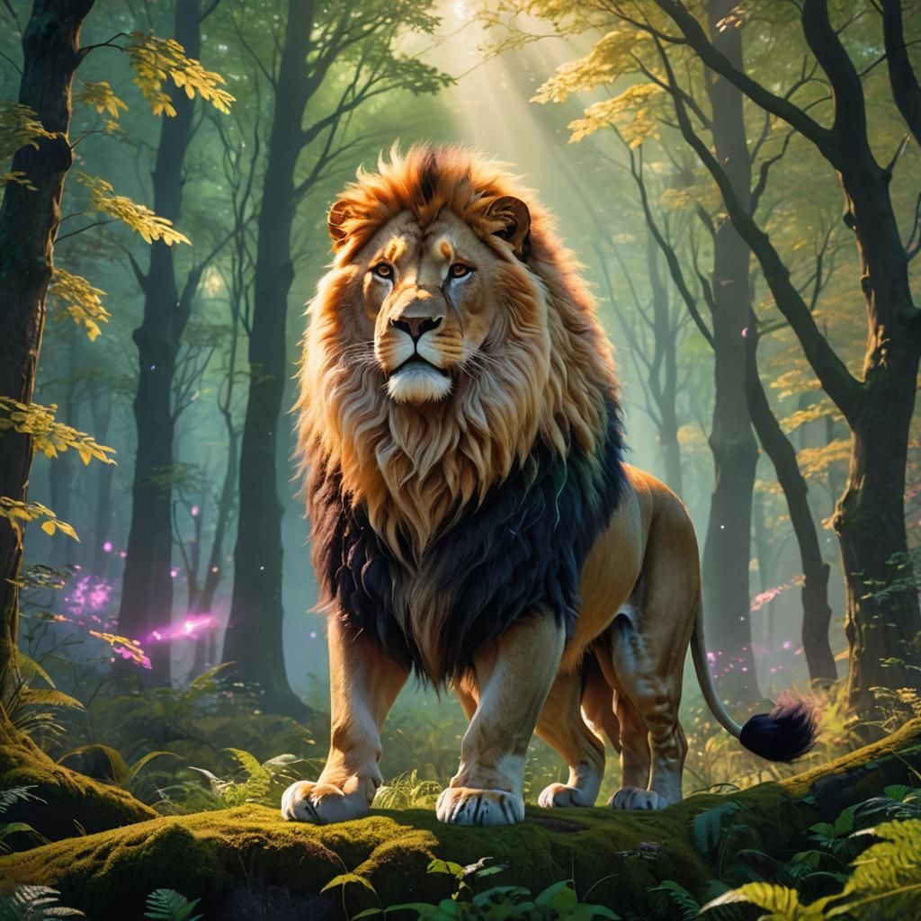 Mystical Lion in Anime Forest with Aurora Lights
