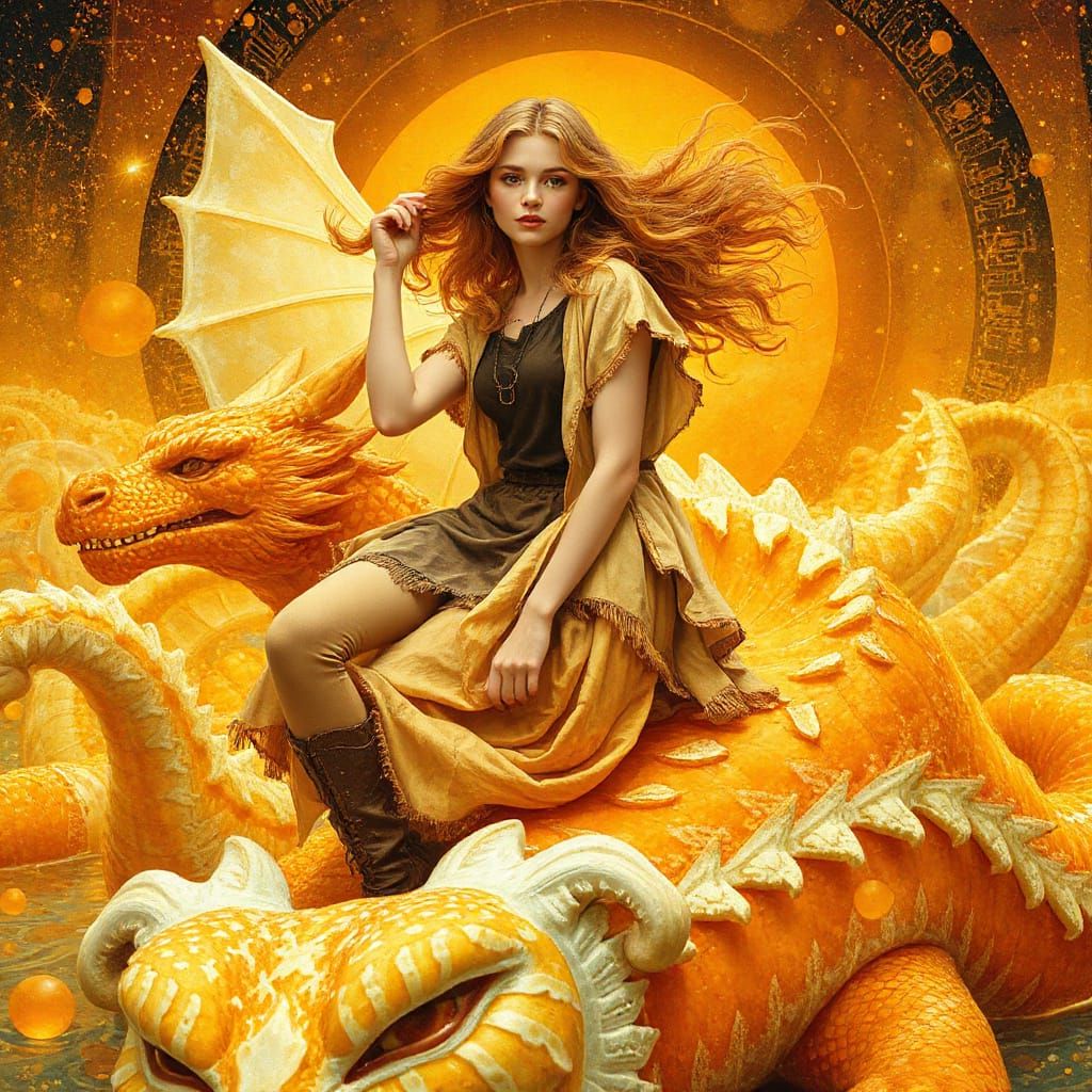 Woman on Gummy Dragon in Effervescent Soda Sea