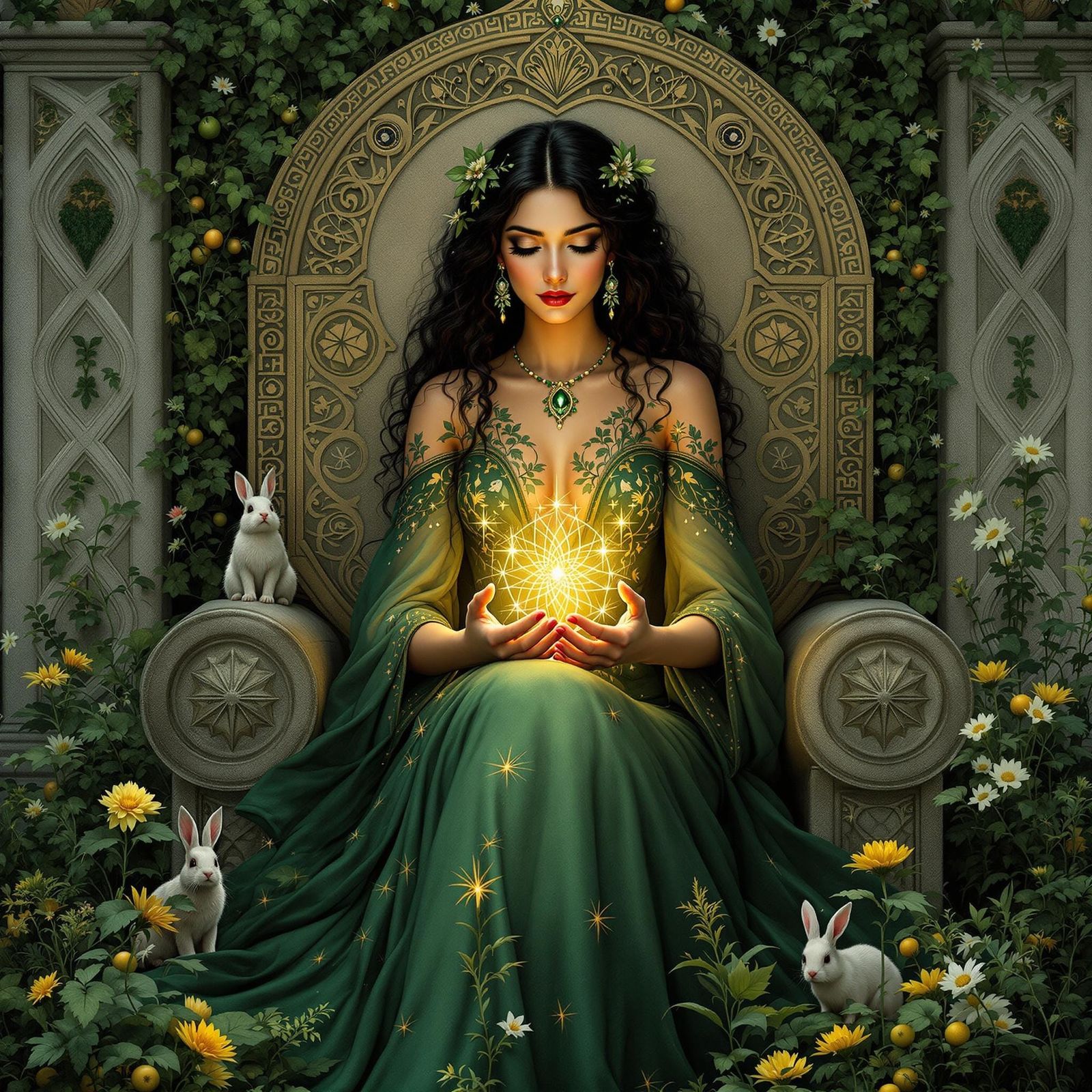 Elegant Queen Embraces Nature's Bounty