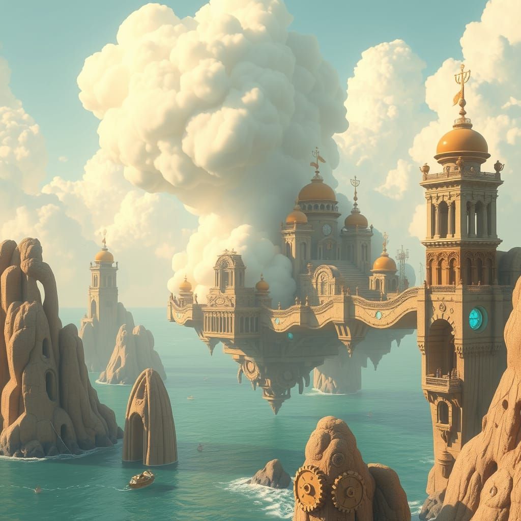 Sentient Cloud City Above Turquoise Ocean, Ghibli Style